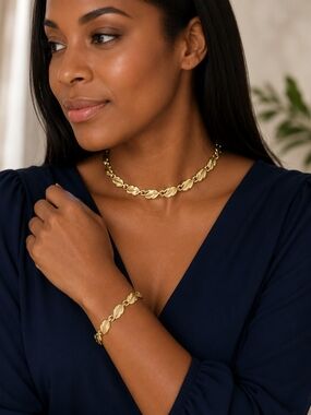 Coro Yellow Enamel Leaf Link Bracelet And Necklace Set